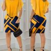 Geometric Print Bodycon Mini Dress - Women's Elegant Ruffle Hem Short Sleeve, 2024 Summer Casual Fashion