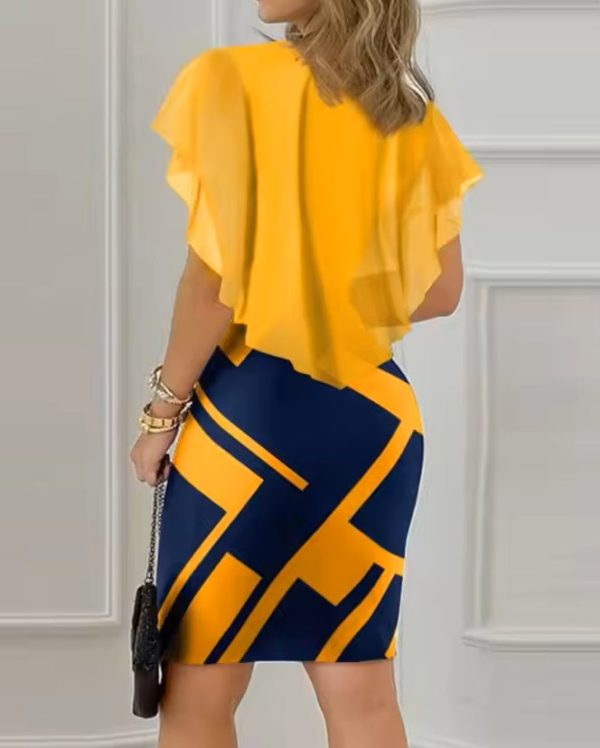 Geometric Print Bodycon Mini Dress - Women's Elegant Ruffle Hem Short Sleeve, 2024 Summer Casual Fashion - Image 2