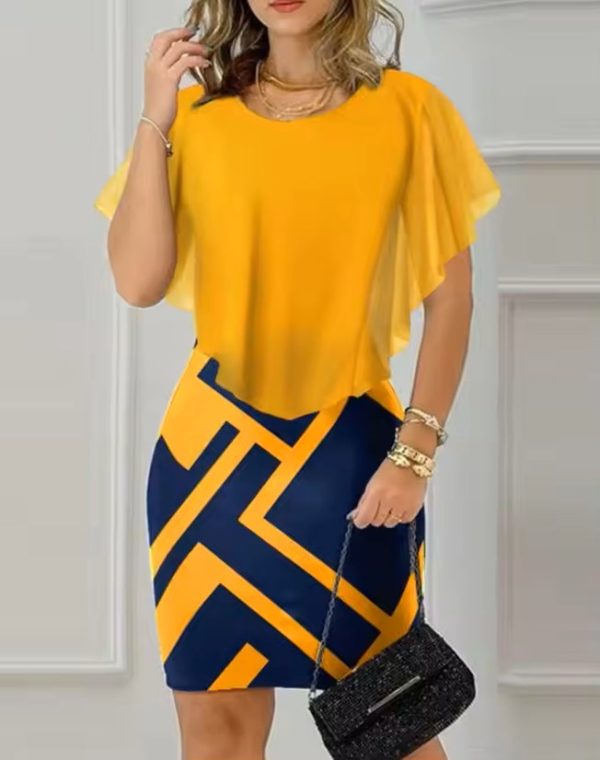 Geometric Print Bodycon Mini Dress - Women's Elegant Ruffle Hem Short Sleeve, 2024 Summer Casual Fashion - Image 3