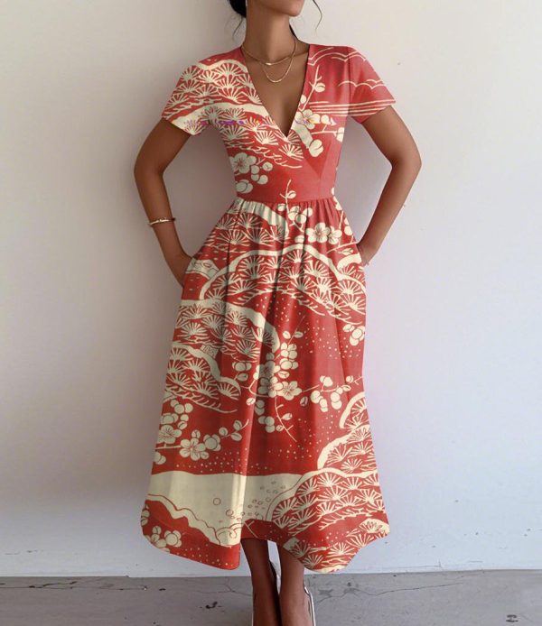 Retro Elegant Plum Blossom Print V-Neck Short Sleeve Dress