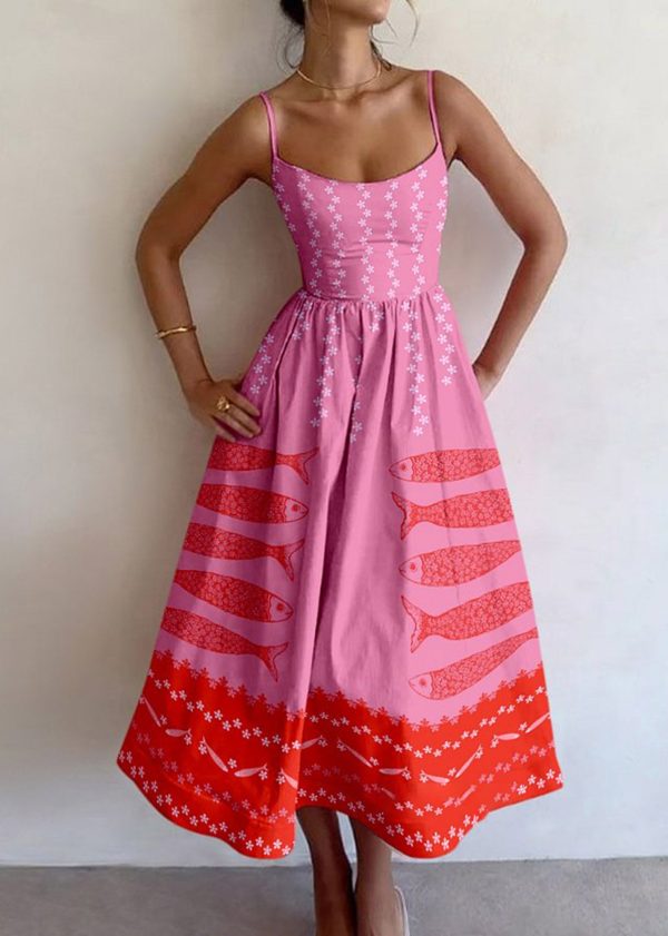 Pink fish print suspender dress