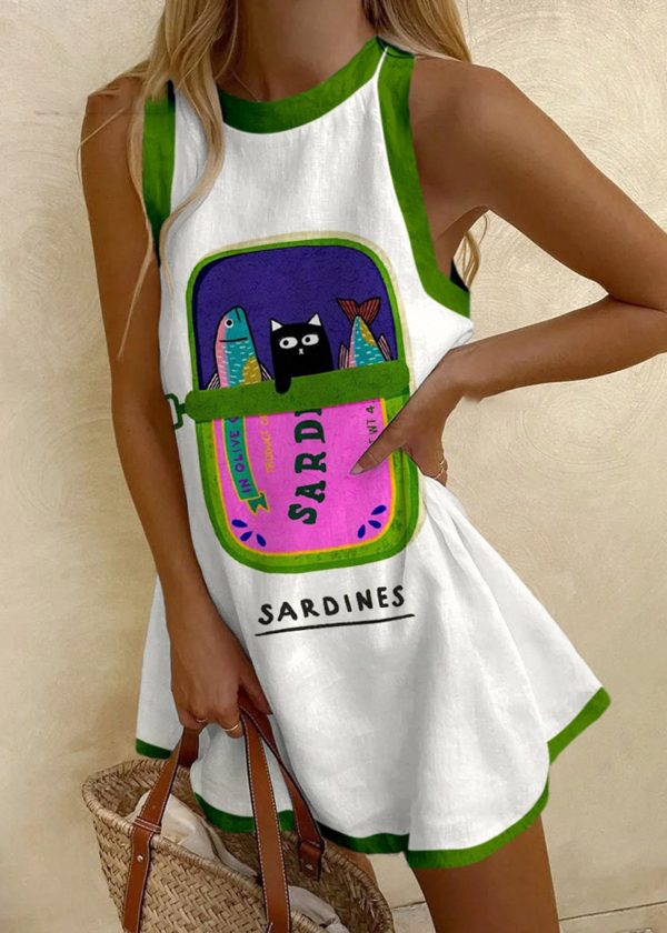 Cat And Sardines Canned Printed Sleeveless Mini Dress