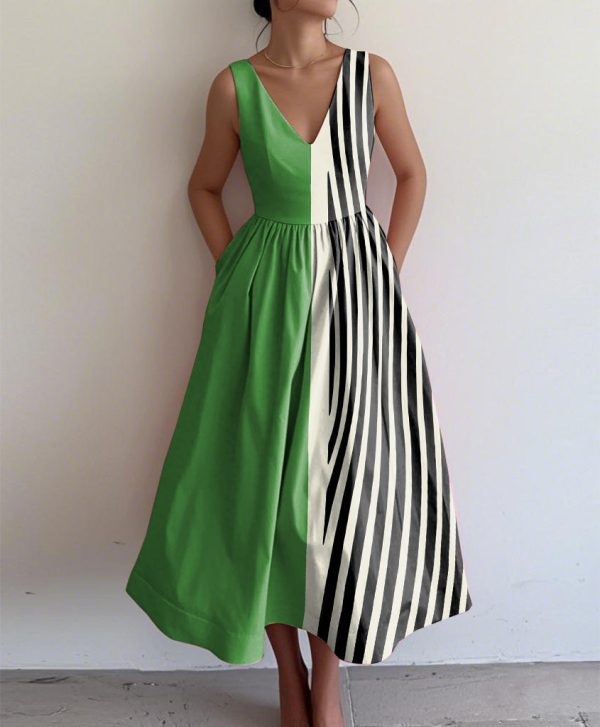 Retro Elegant Abstract Print V Neck Sleeveless Dress