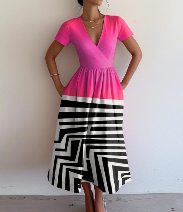 Retro Elegant Abstract Geometric Print V-Neck Short Sleeve Dress