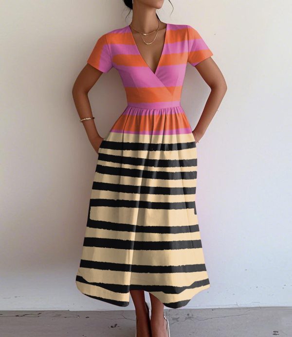 Retro Elegant Abstract Print V-Neck Short Sleeve Dress