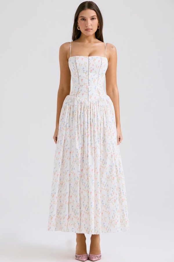 Sage Floral Print Cotton Midi Dress - Image 2